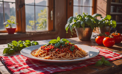 Poster - Plate of spaghetti with meat sauce and basil on top. There are also tomatoes and basil on the table