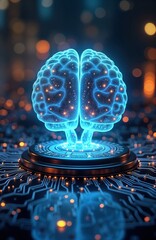 Fototapete - Futuristic glowing hologram brain floats over circuit board. Digital nodes surround illuminated tech structure. Advanced visualization of mind-computer connectivity. Conceptual image of neural
