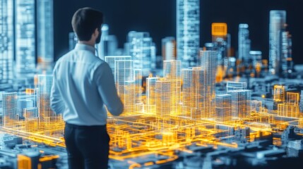 Poster - Construction professional visualizing 3D building plans with augmented reality in a tech-driven environment.
