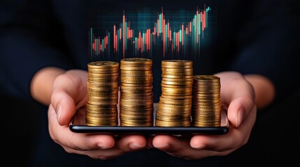Poster - Hands Holding Smartphone with Growing Stacks of Gold Coins and Holographic Stock Market Graph