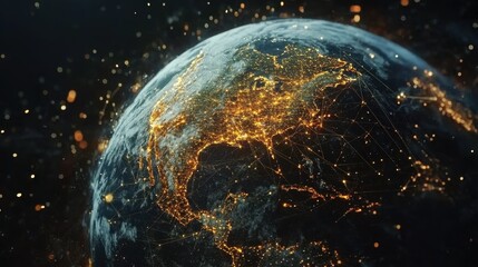 Poster - Dynamic image of Earth with radiating connection lines, symbolizing worldwide communication and trade.