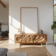 Wall Mural - Scandinavian home interior design of modern living room. Artistic wooden carving sideboard with flowing textures and big mock up frame in a light-filled, modern space. 