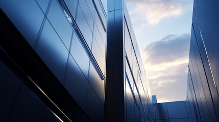 Poster - Mirrored surfaces of contemporary steel rise against a cloudy sky, capturing the soft glow of the late afternoon light. The architecture invites thoughts of innovation and progress