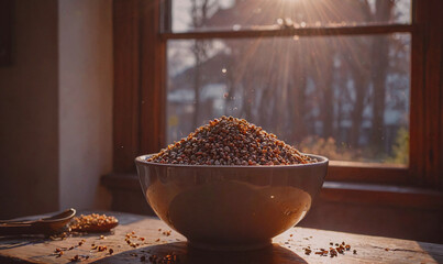 Poster - A bowl of grains is sitting on a table with a window behind it. The grains are scattered all over the table, and the sunlight is shining through the window, creating a warm and inviting atmosphere