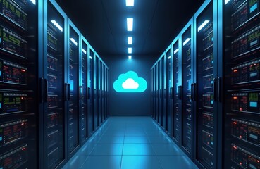 Fototapete - Modern data center with rows of server racks. High-tech equipment organized in spacious room. Central cloud icon lights up center of corridor. Scene displays cutting-edge tech, virtualization.