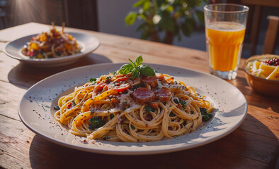 Poster - A plate of pasta with meat and vegetables is on a table. A glass of orange juice is next to it