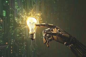 Wall Mural - A robot hand is touching the finger of an adult human, light bulb above their heads in digital space, technology background with circuit board and data flow effects around them.