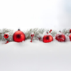 Wall Mural - red christmas balls in a row with spruce branches covered with snow and snowfall on white background