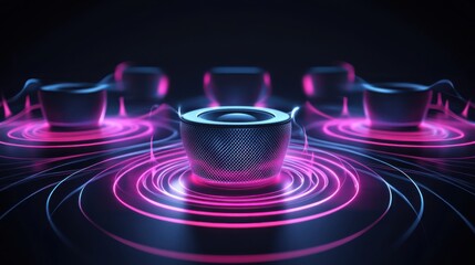 Poster - Five cones are arranged in a circular pattern, vibrantly emitting visible sound waves in a dark setting. This captivating display highlights the interplay of sound and light