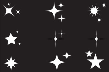 Wall Mural - Minimalist silhouette stars icon, twinkle star shape symbols. Modern geometric elements, shining star icons, abstract sparkle black silhouettes symbol vector set