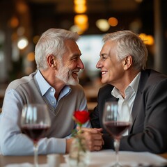 An elderly couple sharing laughter and love during a romantic dinner at a cozy restaurant, with wine and a rose on the table