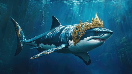 Poster - A regal great white shark crowned with gold, gliding through a tranquil underwater scene with blue and silver hues