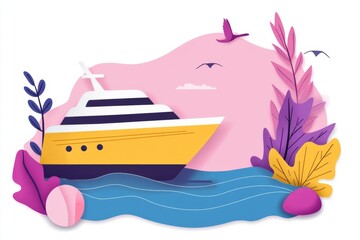 Poster - A flat vector design of a cruise ship icon surrounded by abstract waves, drawn in clean geometric shapes