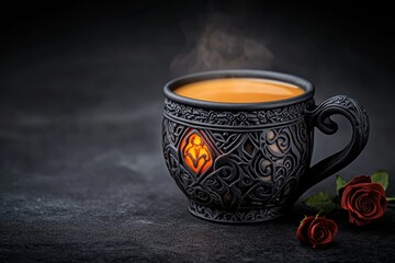 Poster - A gothic-style coffee cup with intricate patterns, surrounded by dark roses and illuminated by a faint, eerie glow