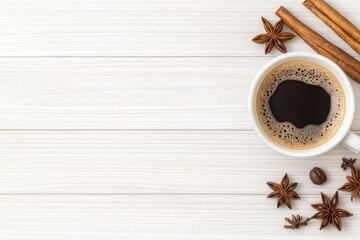 Poster - A high-resolution image of a coffee cup with foam art, set against a rustic wooden background with spices like cinnamon and star anise