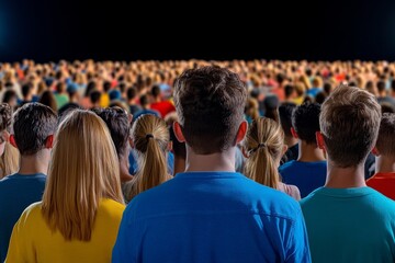Poster - A hyper-realistic image of a tightly packed crowd at a nighttime event, with intricate details of each person face illuminated by stage lights