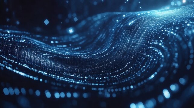 A swirling data matrix forms a captivating vortex, showcasing intricate patterns of light and movement. This captivating digital display emphasizes depth and fluidity against a dark background