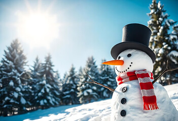 Aufkleber - Panoramic view of happy snowman in winter secenery with copy space