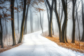 Wall Mural - Winter path through foggy forest with fallen leaves