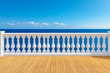 Poster - A minimalist design of a ship railing with the ocean beyond, featuring simple lines and soothing colors