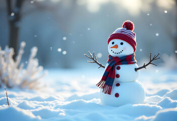 Aufkleber - Panoramic view of happy snowman in winter secenery with copy space