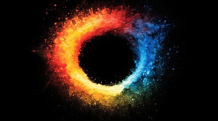 Poster - A circular formation of colorful sound particles radiates dynamic energy, blending hues of red, orange, yellow, green, blue, and violet, creating a captivating visual spectacle in a dark setting