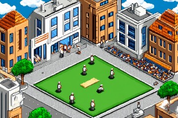 Poster - A pixel art cricket match with tiny animated players, a cheering crowd, and a detailed green field in retro 8-bit style