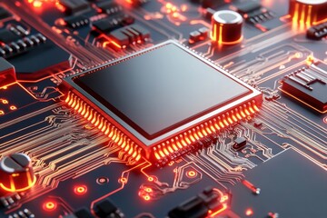 Poster - A pixel art depiction of a CPU on a vibrant 8-bit circuit board, with glowing animated pathways and retro electronics aesthetics