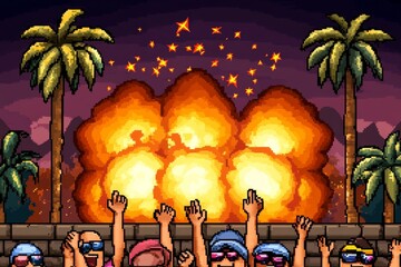 Poster - A pixel art depiction of a crowd cheering at a retro video game tournament, with vibrant pixelated characters and dynamic animations