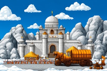 Poster - A pixel art representation of a cultural parade with animated characters, vibrant floats, and traditional instruments