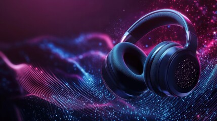 Poster - Stylish headphones float against a backdrop of glowing audio waves, creating a dynamic visual display of sound and light, showcasing an energetic vibe and modern design