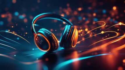 Fototapete - Headphones appear to float amidst radiant audio waves, illuminated in vibrant colors that create a captivating atmosphere filled with sound and light
