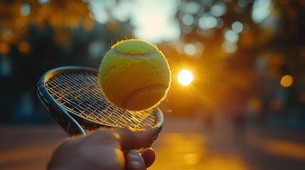 Wall Mural - Tennis ball on racket at sunset. (1)