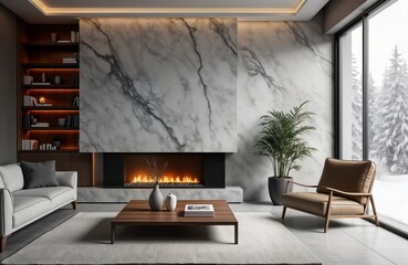 Aufkleber - Modern living room with elegant marble fireplace, wooden furniture. Stylish decor with cozy ambiance. View of snowy landscape outside large windows. Space designed for relaxation, comfort in