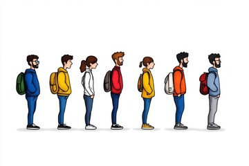 Poster - A simple depiction of a line of people waiting, with clean outlines and bold, contrasting colors