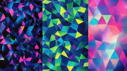 Poster - Colorful polygonal patterns in vibrant neon shades blend together to form an eye-catching abstract composition. The design showcases geometric shapes, creating energy and depth