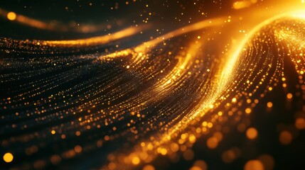 Poster - Illuminating lines gracefully flow in wave-like patterns, shimmering in rich golden tones, creating a captivating visual experience full of energy and movement