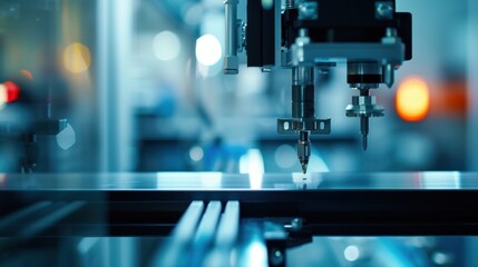 Poster - In a modern factory, a robotic arm is precisely assembling components of a solar panel, showcasing advanced manufacturing technology and sustainable energy production