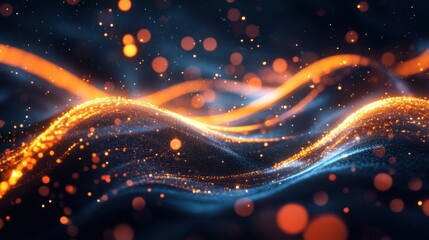 Poster - Glowing lines undulate in a rhythmic wave-like formation against a deep backdrop, surrounded by vibrant particles that enhance the visual impact. The play of light creates a dynamic atmosphere