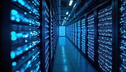 Aufkleber - Modern data center filled with glowing server racks. Tech hub for AI, neural network innovations. High tech infrastructure. Efficient storage, processing of information. Huge network system supports