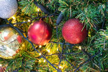 Wall Mural - Decorated Christmas tree with ball New Year holidays background