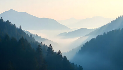 Naklejka na meble Realistic mountains landscape. Morning wood panorama, pine trees and mountains silhouettes. Vector forest hiking background