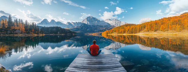Wall Mural - Man with red Jacket enjoying stunning autumn mountain lake view from wooden pier