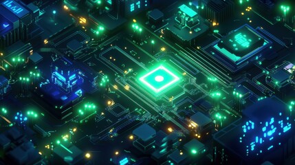 Fototapete - A detailed circuit design showcases glowing components in an intricate layout. The vibrant neon lights illuminate the digital landscape, emphasizing technology's advanced aesthetic