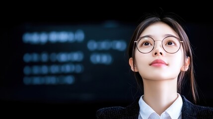 Poster - A young woman in glasses gazes upward, exuding confidence and curiosity, against a blurred background with text, suggesting a professional or academic setting.