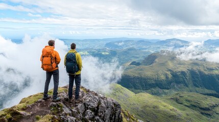 Poster - Two hikers stand on a rocky outcrop, gazing at a vast landscape of mountains and clouds under a bright sky.