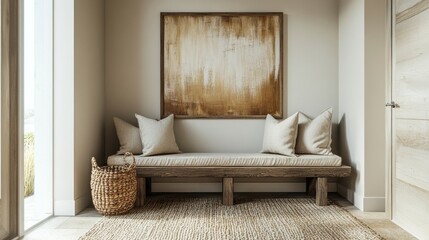 Farmhouse, rustic interior design of modern hall, home. Rustic entryway with wooden bench, neutral decor, textured cushion, and abstract art in a warm, welcoming space.