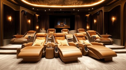 Wall Mural - Luxurious home theater with reclining leather seats, ambient lighting, and large screen.