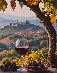 Aufkleber - A glass of red wine is on a table next to a bowl of blackberries. The scene is set in a vineyard with a beautiful view of the mountains in the background