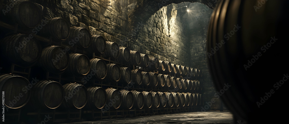 Dimly lit wine cellar with rows of aged oak barrels and stone walls ...